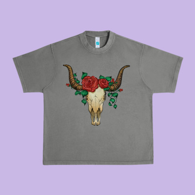 Bull Skull With Roses Urban Heavy Tee Designed By Artiststas