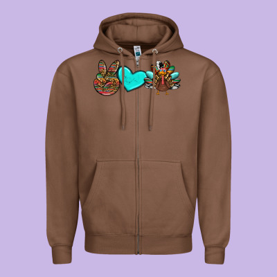Peace Love Thanksgiving Turkey Zipper Hoodie Designed By Ranaportraitstore