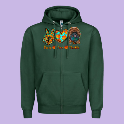 Peace Love Thankful Zipper Hoodie Designed By Ranaportraitstore