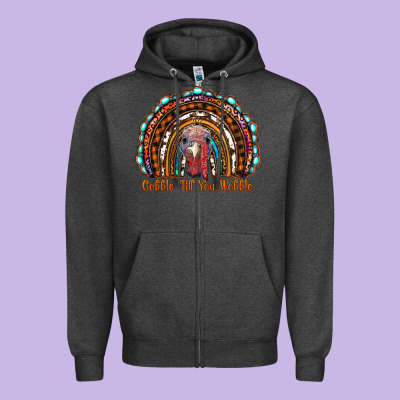 Gobble Till You Wobble Thanksgiving Rainbow Zipper Hoodie Designed By Ranaportraitstore