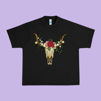 Bull Skull With Rose And Flowers Urban Heavy Tee Designed By Artiststas