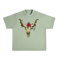 Oil Green bull skull with rose and flowers Urban Heavy Tee - Artiststas