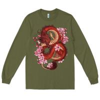 Army Green red dragon and sakura cherry blossoms Long Sleeve Tee - RanaPortraitStore