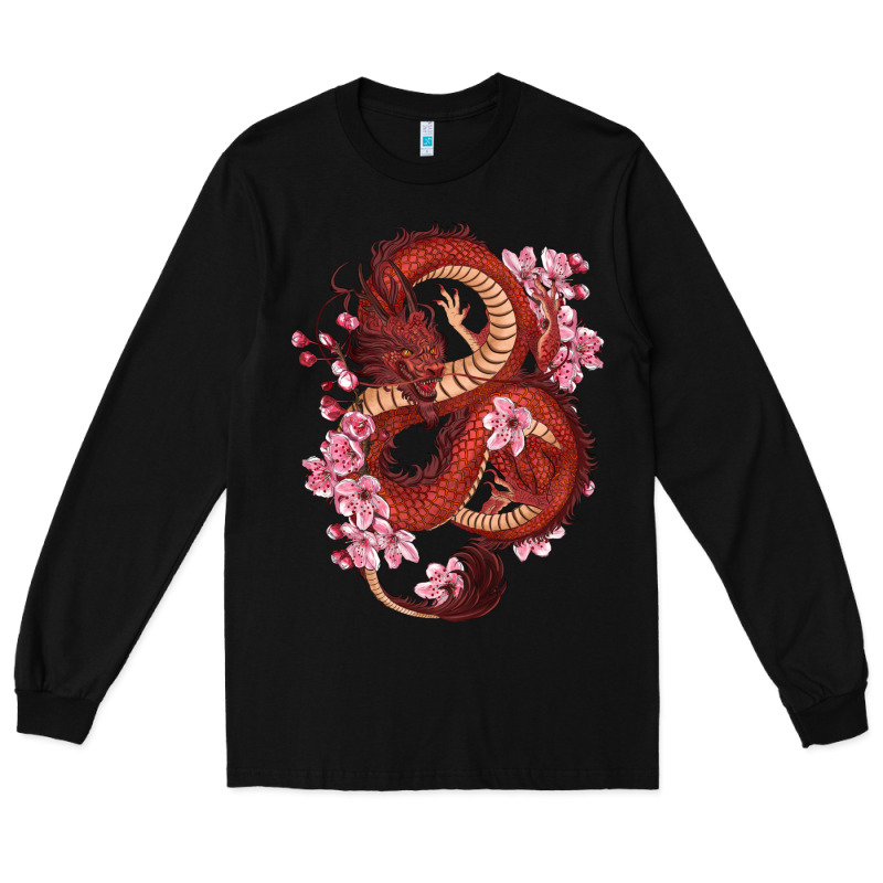 Red Dragon And Sakura Cherry Blossoms Long Sleeve Tee by RanaPortraitStore | Teevron