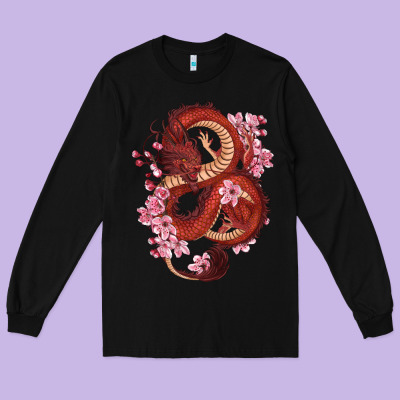Long Sleeve Tee red dragon and sakura cherry blossoms