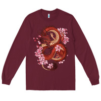 Burgundy red dragon and sakura cherry blossoms Long Sleeve Tee - RanaPortraitStore