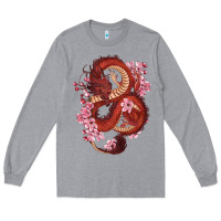 Heather Grey red dragon and sakura cherry blossoms Long Sleeve Tee - RanaPortraitStore