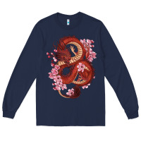 Navy red dragon and sakura cherry blossoms Long Sleeve Tee - RanaPortraitStore