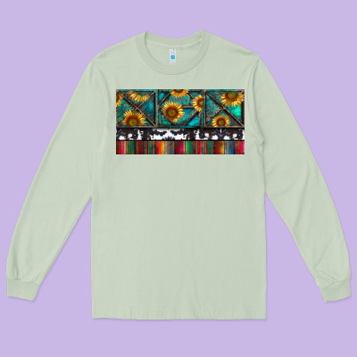 Long Sleeve Tee Rusty Sunflowers with Cowhide and Turquoise
