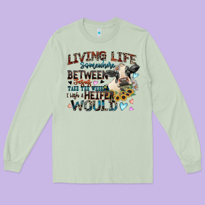 Living Life Somewhere Between Jesus Take The Wheel Long Sleeve Tee Designed By Zillion Design Studio