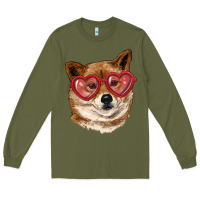 Army Green shiba inu with love glasses Long Sleeve Tee - RanaPortraitStore