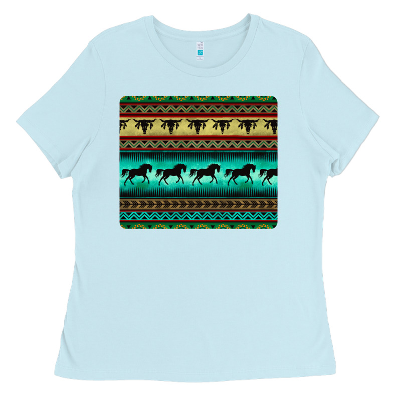 Turquoise Horse And Bullskull Aztec  Pattern Ladies Tee by BarkalooDesign | Teevron
