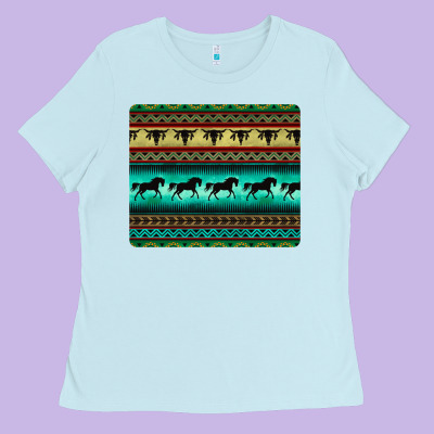 Turquoise Horse And Bullskull Aztec  Pattern Ladies Tee Designed By Barkaloodesign