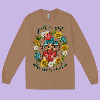 Long Sleeve Tee just a girl who loves chicken with sunflowers and gemstone