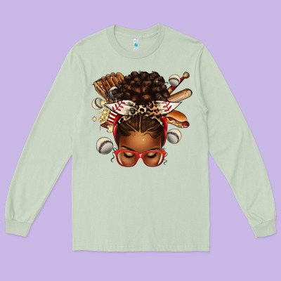 Long Sleeve Tee baseball afro messy bun