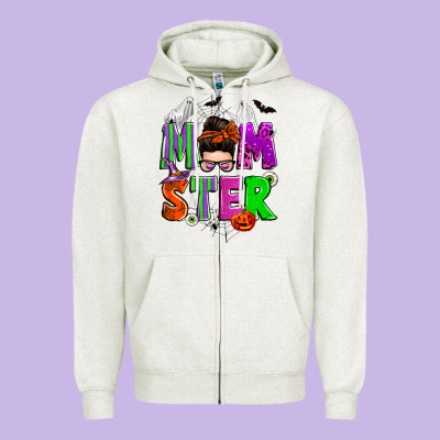 Halloween Momster Messy Bun Zipper Hoodie Designed By Zillion Design Studio