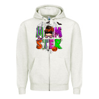 Oatmeal Heather halloween momster messy bun Zipper Hoodie - Zillion Design Studio