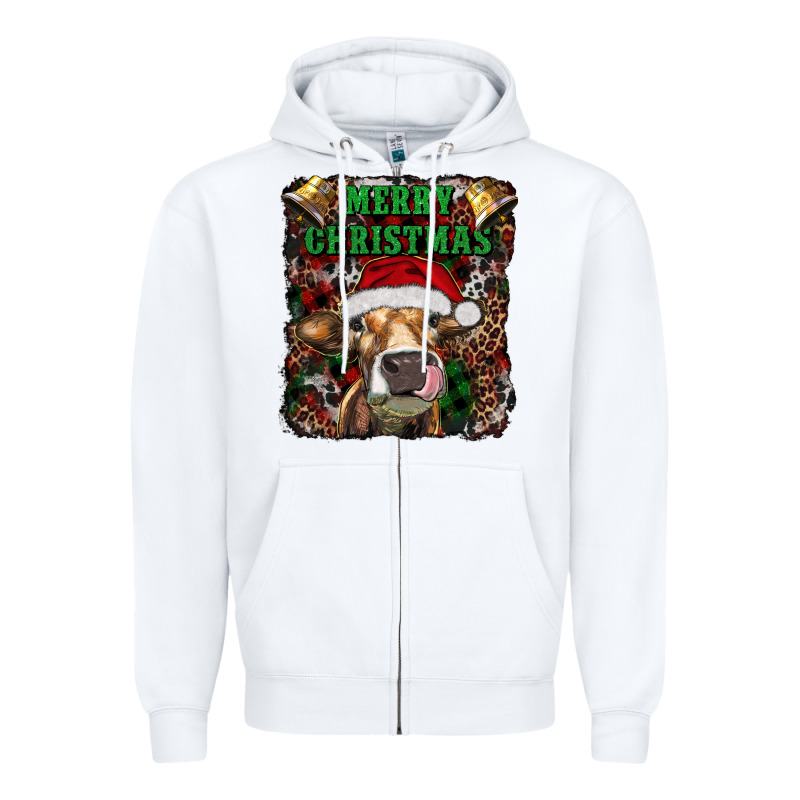 Merry Christmas Heifer With Cowbells Zipper Hoodie by RanaPortraitStore | Teevron