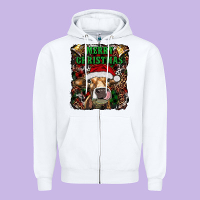 Merry Christmas Heifer With Cowbells Zipper Hoodie Designed By Ranaportraitstore