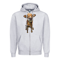 Heather Grey heifer cow with cow bell Zipper Hoodie - RanaPortraitStore