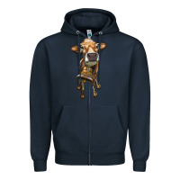 Navy heifer cow with cow bell Zipper Hoodie - RanaPortraitStore