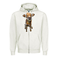 Oatmeal Heather heifer cow with cow bell Zipper Hoodie - RanaPortraitStore