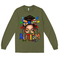 Army Green autism mom afro messy bun (1) Long Sleeve Tee - texasbilliewilder