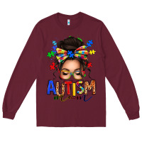 Burgundy autism mom afro messy bun (1) Long Sleeve Tee - texasbilliewilder