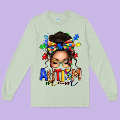 Long Sleeve Tee autism mom afro messy bun (1)