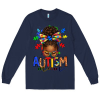 Navy autism mom afro messy bun Long Sleeve Tee - texasbilliewilder