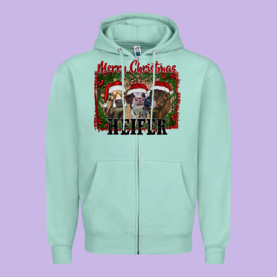 Merry Christmas Heifer Zipper Hoodie Designed By Ranaportraitstore
