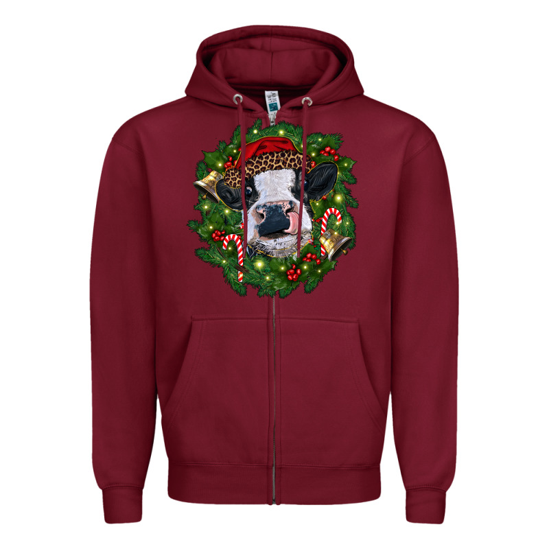 Heifer Cow With Christmas Wreath Zipper Hoodie by RanaPortraitStore | Teevron