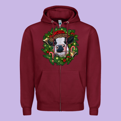 Heifer Cow With Christmas Wreath Zipper Hoodie Designed By Ranaportraitstore