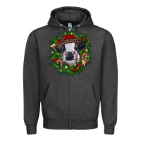 Charcoal Heather heifer cow with Christmas wreath Zipper Hoodie - RanaPortraitStore