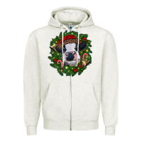 Oatmeal Heather heifer cow with Christmas wreath Zipper Hoodie - RanaPortraitStore