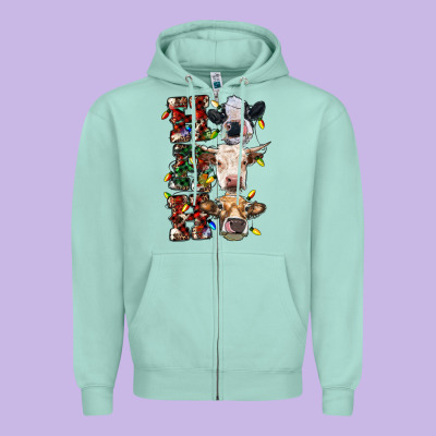 Hohoho Cows Zipper Hoodie Designed By Ranaportraitstore