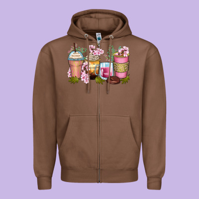 Flowers Coffee Cups Zipper Hoodie Designed By Zillion Design Studio