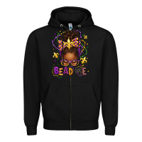 Black bead me mardi gras afro messy bun Zipper Hoodie - texasbilliewilder