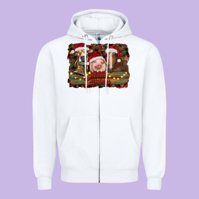 Merry Christmas Farm Animals Zipper Hoodie Designed By Ranaportraitstore