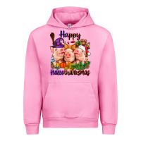Fuchsia Pink Happy Hallothanksmas Pigs Urban Hoodie - NancyCooperArtShop