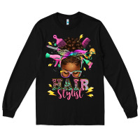 Black hair stylist afro messy bun Long Sleeve Tee - texasbilliewilder