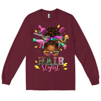 Burgundy hair stylist afro messy bun Long Sleeve Tee - texasbilliewilder