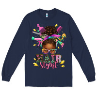 Navy hair stylist afro messy bun Long Sleeve Tee - texasbilliewilder