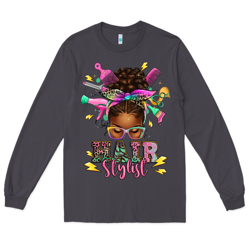 Hair Stylist Afro Messy Bun Long Sleeve Tee by texasbilliewilder | Teevron