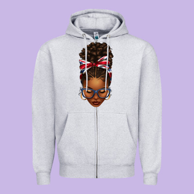 Union Jack Flag Afro Messy Bun Zipper Hoodie Designed By Texasbilliewilder