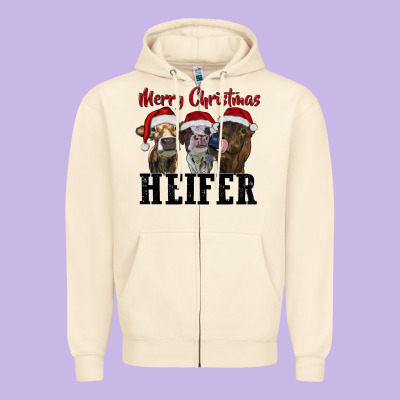 Merry Christmas Heifer Zipper Hoodie Designed By Ranaportraitstore