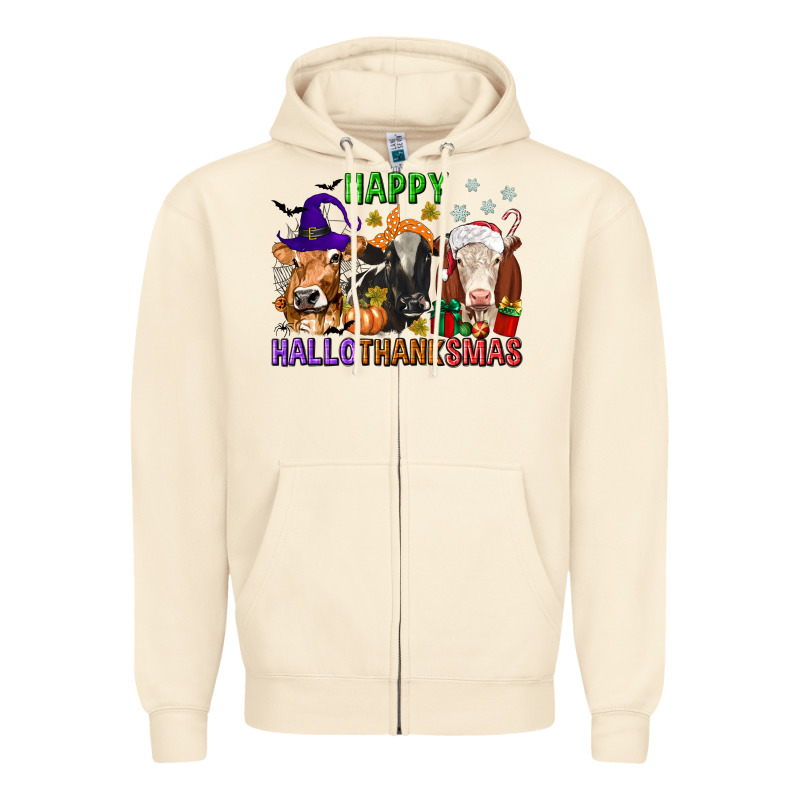 Happy Hallothanksmas With Cow Zipper Hoodie by texasbilliewilder | Teevron