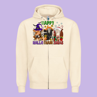 Happy Hallothanksmas With Cow Zipper Hoodie Designed By Texasbilliewilder