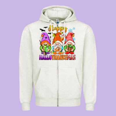 Happy Hallothanksmas Gnomes Zipper Hoodie Designed By Texasbilliewilder