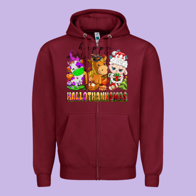 Happy Hallothanksmas Farm Animals Zipper Hoodie Designed By Texasbilliewilder